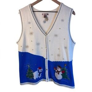 Festive Snowman and Polar Bear Christmas Winter Sweater Vest V-neck Button Up XL